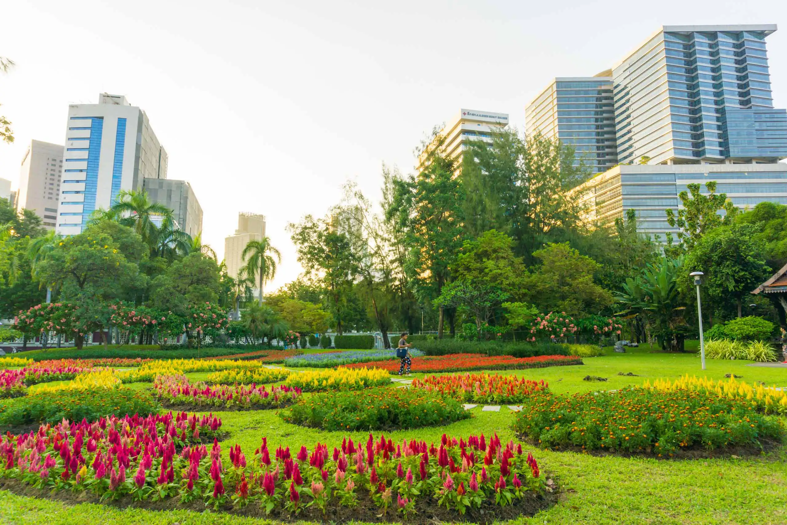 A city park with colorful flower beds, green grass, and trees, with tall modern buildings in the background under a clear sky.
