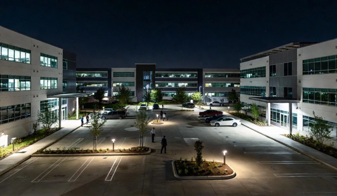 Modern office park near Parkland Place Houston at night with professional LED lighting on parking areas and building entrances for employee safety