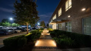 Commercial landscape lighting illuminating a professional property entrance at night in Inwood North, Houston