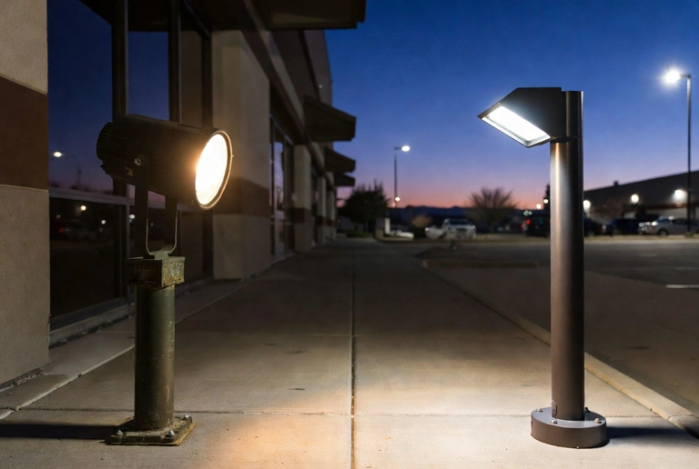 Side-by-side comparison of halogen vs LED landscape lighting upgrade for commercial properties
