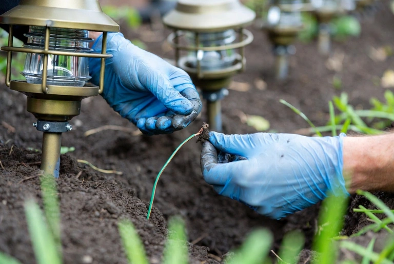 Technician inspecting damaged underground landscape lighting wire on a commercial property