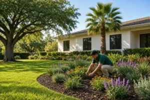 A person in a green shirt kneels while tending to a garden bed in front of a house.