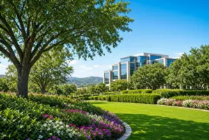 A modern office building set among landscaped gardens with lush green lawns, trees, and flower beds.